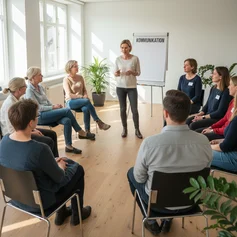 Seminarraum mit einer Gruppe von Menschen im Stuhlkreis
