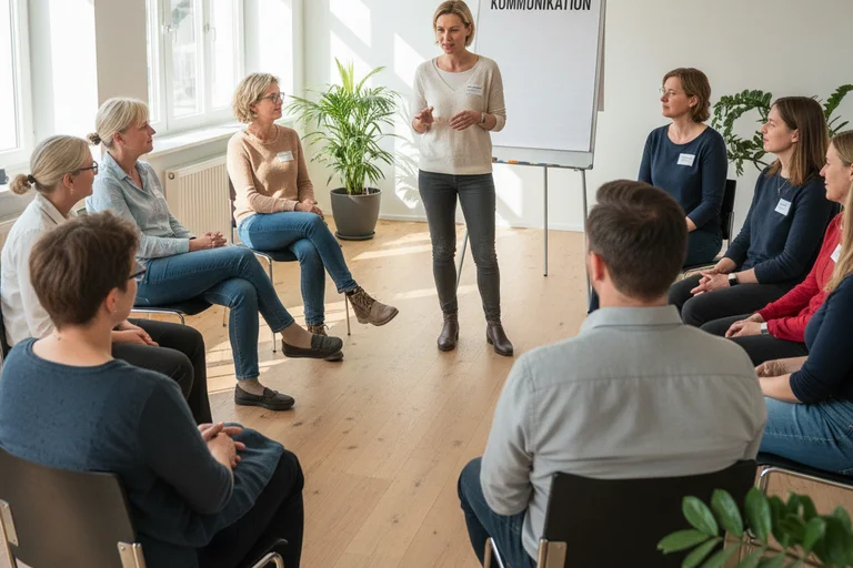 Seminarraum mit einer Gruppe von Menschen im Stuhlkreis